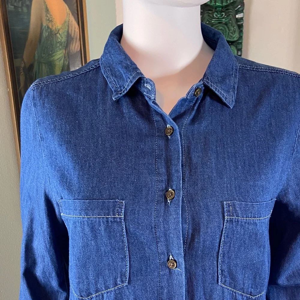 Say What? Denim Chambray High Low Tuxedo Shirttail Tunic Shirt Blouse Top Medium
